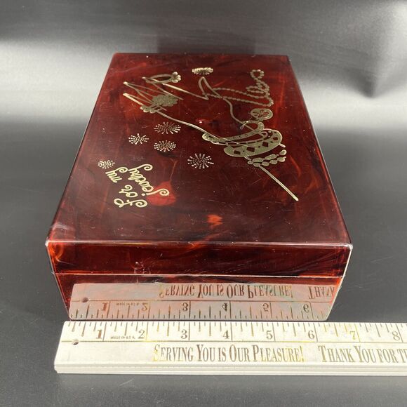 MCM Plastic Jewelry Box Brown Tortoiseshell Gold Graphic Imprint 9.75x6.5x3.75 - Picture 7 of 16